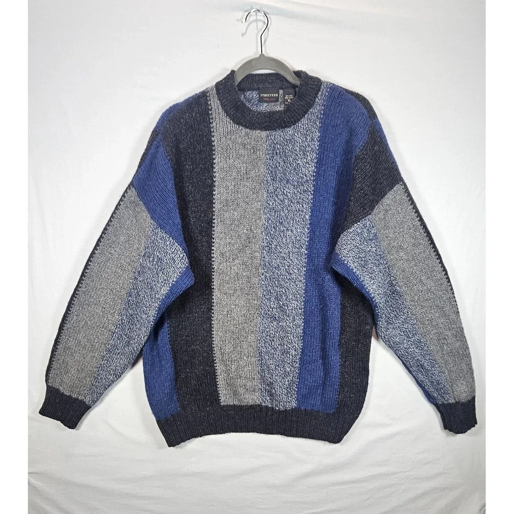 Vintage Structure 100% Wool Sweater Mens XL Colorblock Blue Gray Knit 90s - Picture 1 of 6